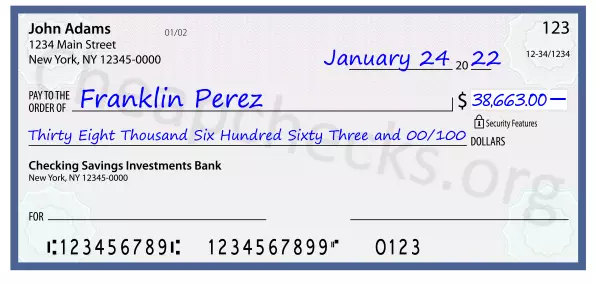 Thirty Eight Thousand Six Hundred Sixty Three and 00/100 filled out on a check