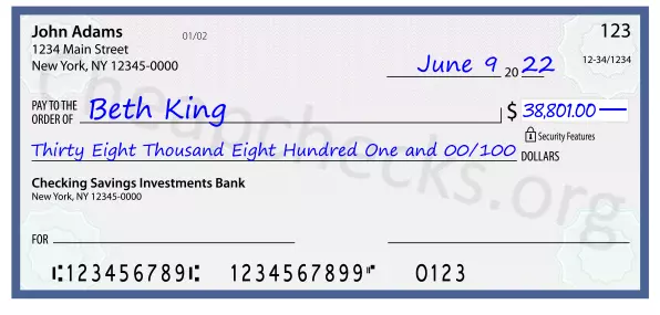 Thirty Eight Thousand Eight Hundred One and 00/100 filled out on a check