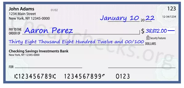 Thirty Eight Thousand Eight Hundred Twelve and 00/100 filled out on a check