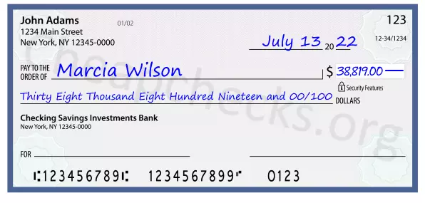 Thirty Eight Thousand Eight Hundred Nineteen and 00/100 filled out on a check