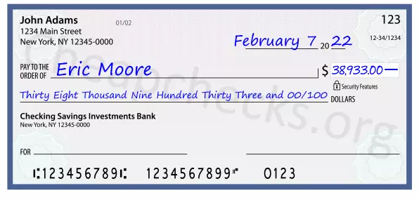 Thirty Eight Thousand Nine Hundred Thirty Three and 00/100 filled out on a check