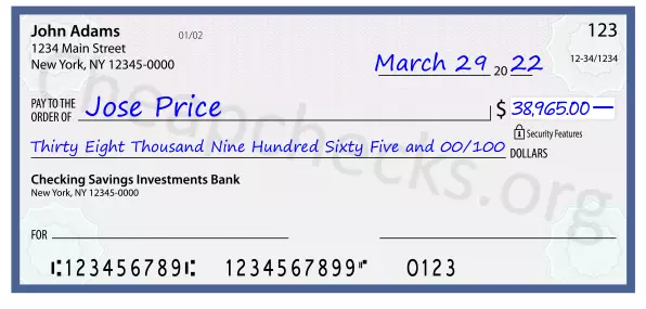 Thirty Eight Thousand Nine Hundred Sixty Five and 00/100 filled out on a check