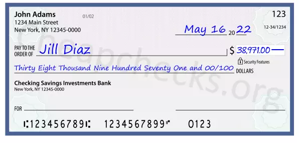 Thirty Eight Thousand Nine Hundred Seventy One and 00/100 filled out on a check