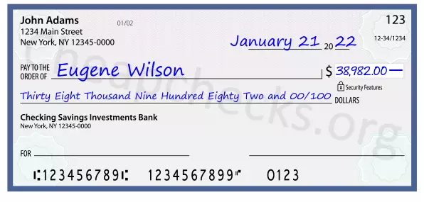 Thirty Eight Thousand Nine Hundred Eighty Two and 00/100 filled out on a check