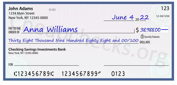 Thirty Eight Thousand Nine Hundred Eighty Eight and 00/100 filled out on a check