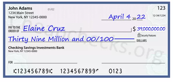 Thirty Nine Million and 00/100 filled out on a check