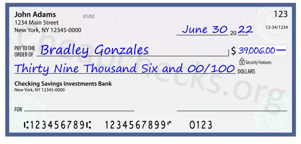 Thirty Nine Thousand Six and 00/100 filled out on a check