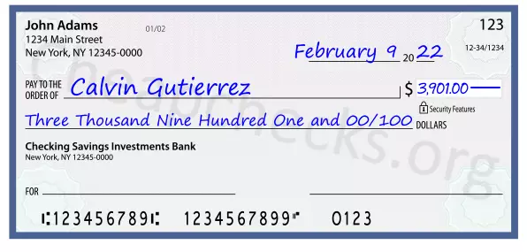 Three Thousand Nine Hundred One and 00/100 filled out on a check