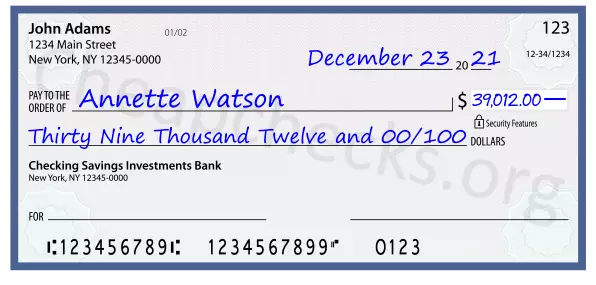 Thirty Nine Thousand Twelve and 00/100 filled out on a check