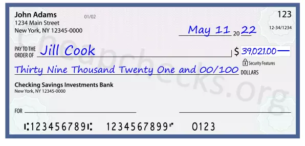 Thirty Nine Thousand Twenty One and 00/100 filled out on a check