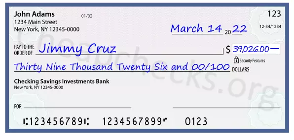 Thirty Nine Thousand Twenty Six and 00/100 filled out on a check