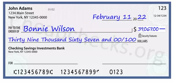 Thirty Nine Thousand Sixty Seven and 00/100 filled out on a check