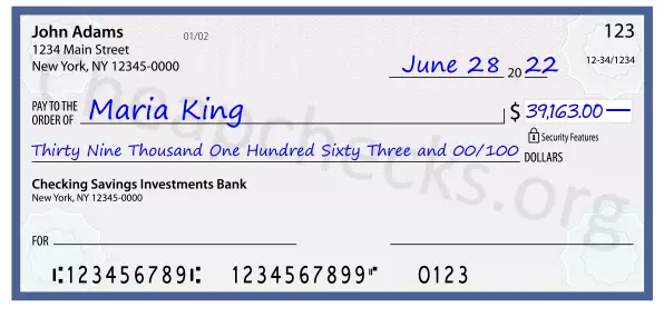 Thirty Nine Thousand One Hundred Sixty Three and 00/100 filled out on a check