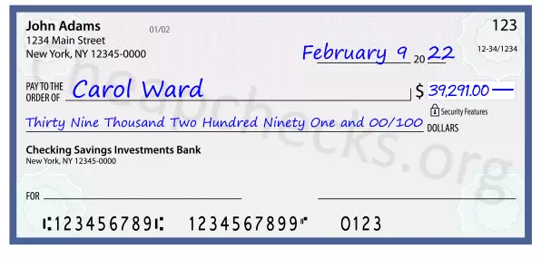 Thirty Nine Thousand Two Hundred Ninety One and 00/100 filled out on a check