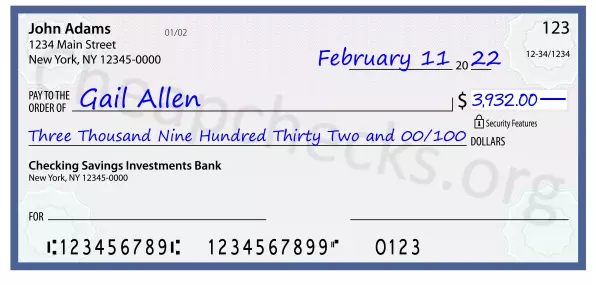 Three Thousand Nine Hundred Thirty Two and 00/100 filled out on a check