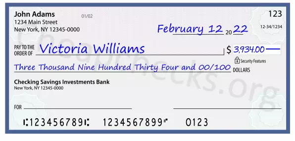 Three Thousand Nine Hundred Thirty Four and 00/100 filled out on a check