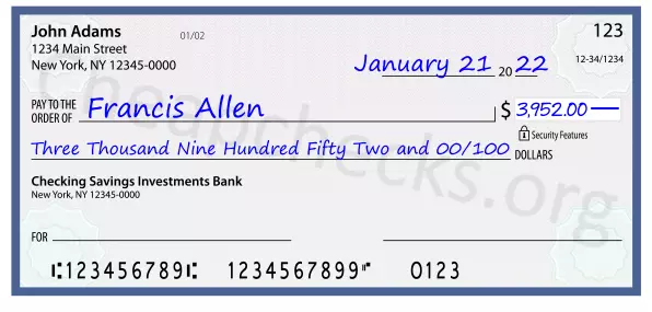 Three Thousand Nine Hundred Fifty Two and 00/100 filled out on a check