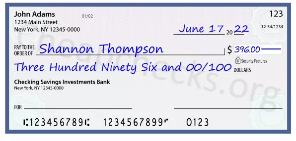 Three Hundred Ninety Six and 00/100 filled out on a check