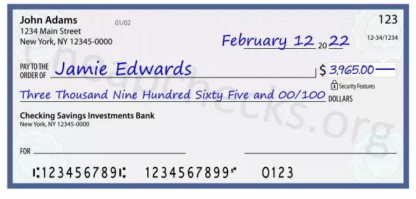 Three Thousand Nine Hundred Sixty Five and 00/100 filled out on a check