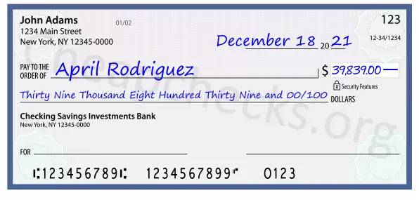 Thirty Nine Thousand Eight Hundred Thirty Nine and 00/100 filled out on a check