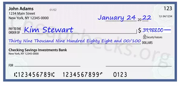 Thirty Nine Thousand Nine Hundred Eighty Eight and 00/100 filled out on a check