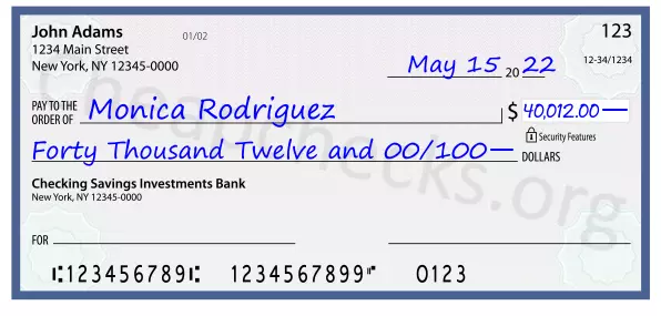 Forty Thousand Twelve and 00/100 filled out on a check