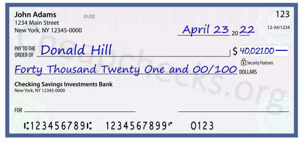 Forty Thousand Twenty One and 00/100 filled out on a check