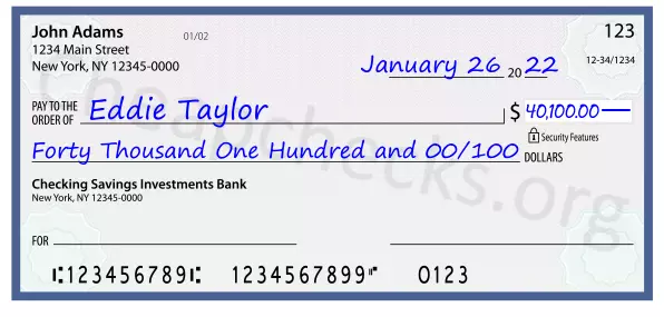 Forty Thousand One Hundred and 00/100 filled out on a check