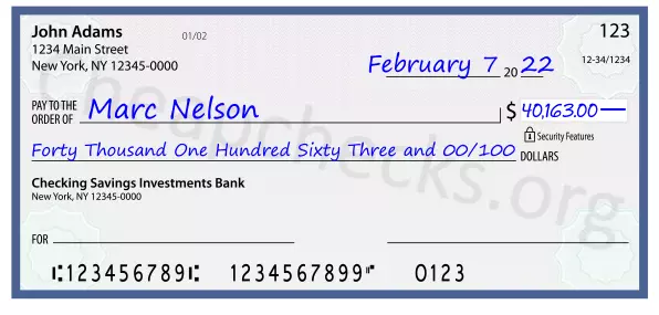 Forty Thousand One Hundred Sixty Three and 00/100 filled out on a check