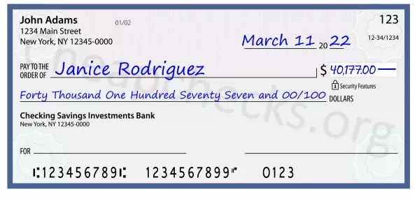 Forty Thousand One Hundred Seventy Seven and 00/100 filled out on a check