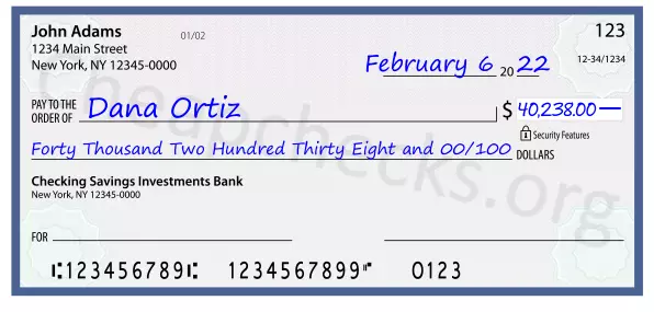 Forty Thousand Two Hundred Thirty Eight and 00/100 filled out on a check