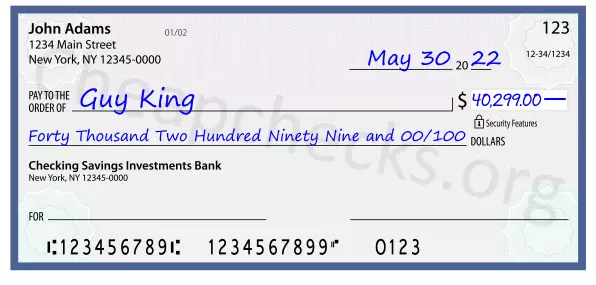 Forty Thousand Two Hundred Ninety Nine and 00/100 filled out on a check