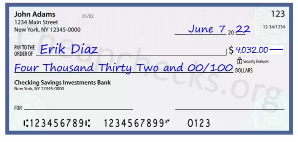 Four Thousand Thirty Two and 00/100 filled out on a check