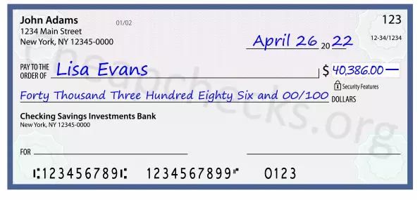 Forty Thousand Three Hundred Eighty Six and 00/100 filled out on a check