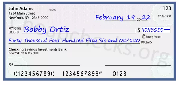 Forty Thousand Four Hundred Fifty Six and 00/100 filled out on a check