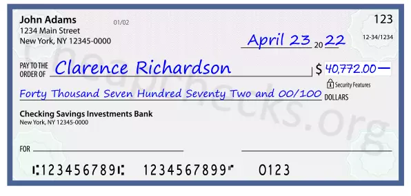 Forty Thousand Seven Hundred Seventy Two and 00/100 filled out on a check