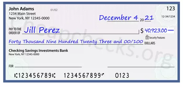 Forty Thousand Nine Hundred Twenty Three and 00/100 filled out on a check