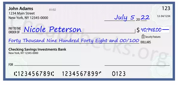 Forty Thousand Nine Hundred Forty Eight and 00/100 filled out on a check