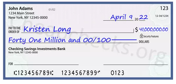 Forty One Million and 00/100 filled out on a check