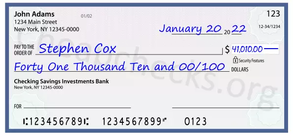 Forty One Thousand Ten and 00/100 filled out on a check