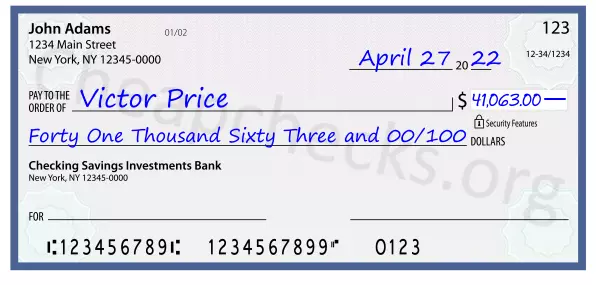 Forty One Thousand Sixty Three and 00/100 filled out on a check