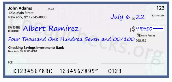 Four Thousand One Hundred Seven and 00/100 filled out on a check