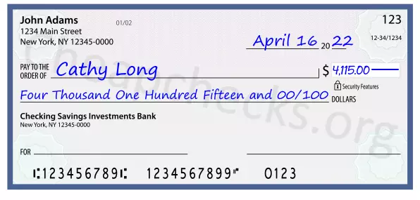 Four Thousand One Hundred Fifteen and 00/100 filled out on a check