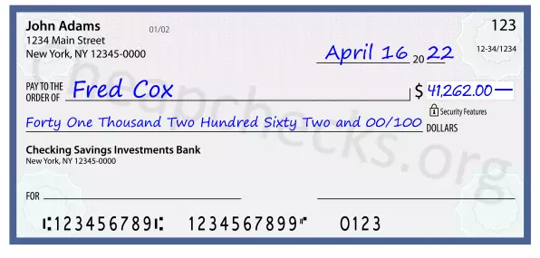 Forty One Thousand Two Hundred Sixty Two and 00/100 filled out on a check