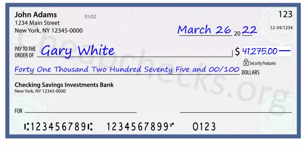 Forty One Thousand Two Hundred Seventy Five and 00/100 filled out on a check