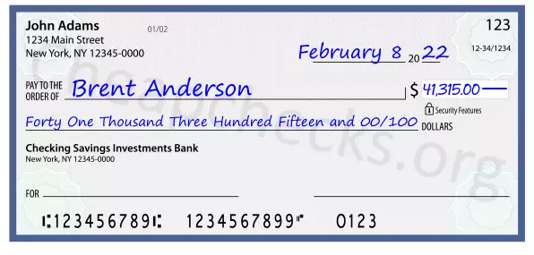 Forty One Thousand Three Hundred Fifteen and 00/100 filled out on a check