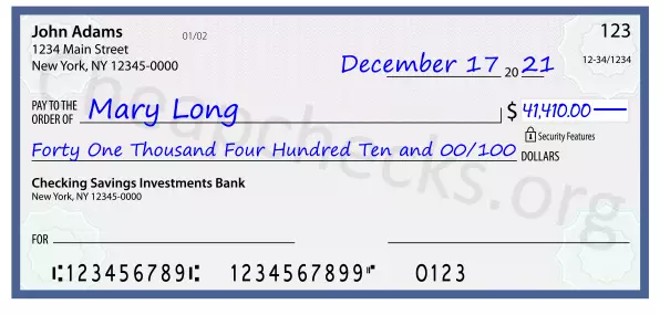 Forty One Thousand Four Hundred Ten and 00/100 filled out on a check