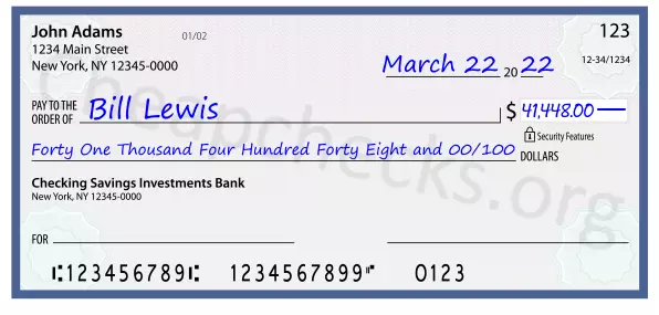 Forty One Thousand Four Hundred Forty Eight and 00/100 filled out on a check