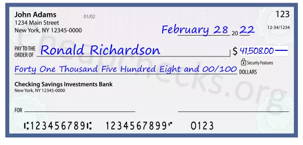 Forty One Thousand Five Hundred Eight and 00/100 filled out on a check