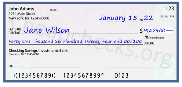 Forty One Thousand Six Hundred Twenty Four and 00/100 filled out on a check